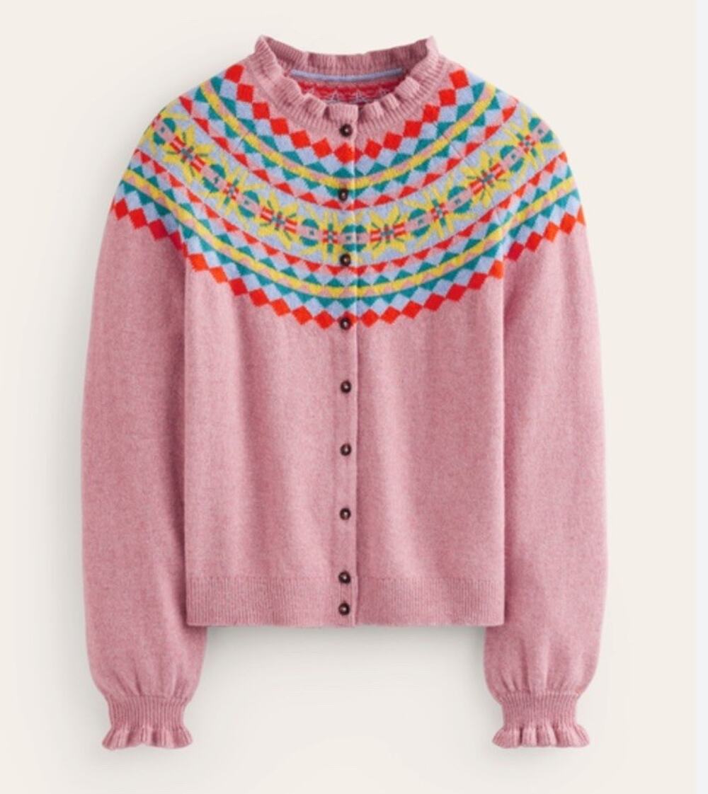 NWT Boden Fae Fair Isle Wool Alpaca Cotton Cardigan Pink Size Medium - Picture 1 of 7